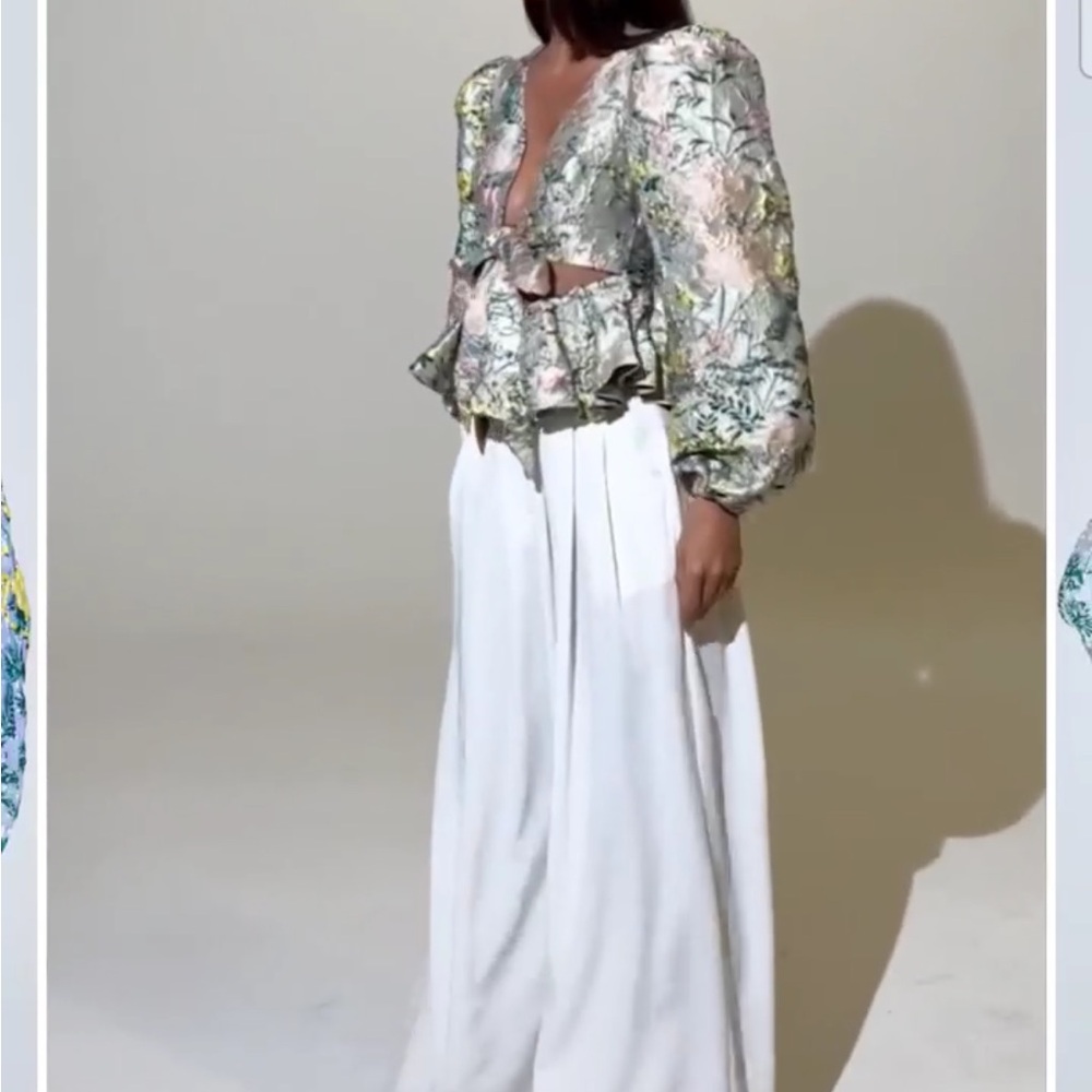 AKIRA Floral Tie-Front Puff Sleeve Blouse in Pale Pink, Green & Yellow - Picture 6 of 10